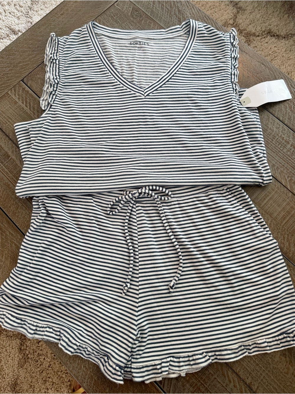 SOFTIES “NEW” Dream Ruffle Striped PJ Top and Shorts Set - Indigo/White size L